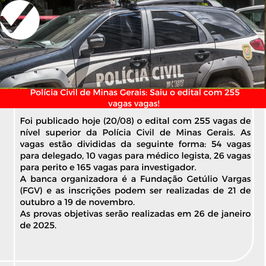 Leia mais sobre o artigo Policia Civil de Minas Gerais: Saiu o edital com 255 vagas