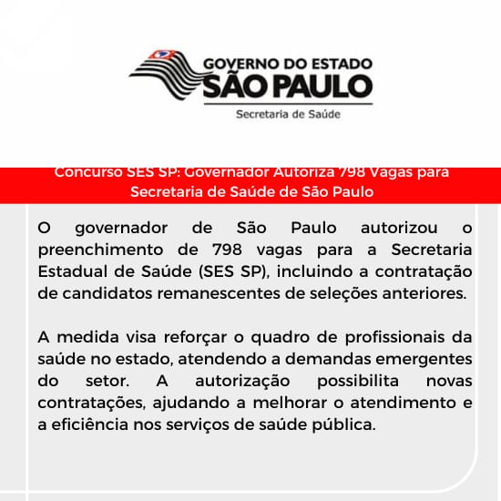 Você está visualizando atualmente Concurso SES SP: Governador Autoriza 798 Vagas para Secretaria de Saúde de São Paulo