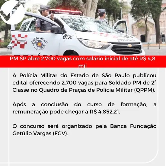 Você está visualizando atualmente PM SP abre 2.700 vagas com salário inicial de até R$ 4,8 mil